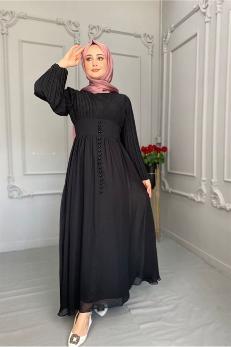 Düğmeli Şifon Elbise - Siyah