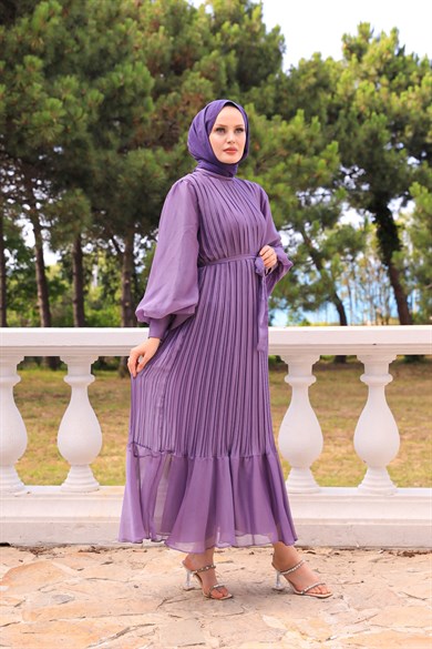 Sleeve Balloon Detailed Pleated Dressy - Lilac