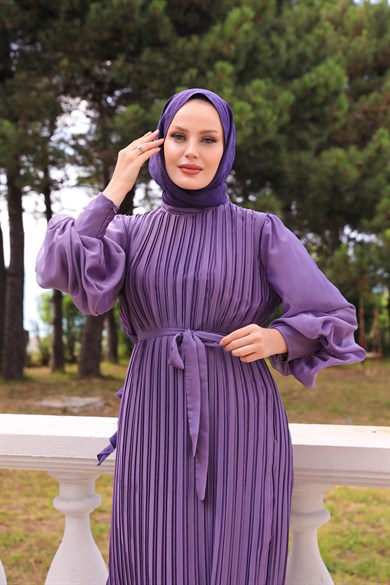 Sleeve Balloon Detailed Pleated Dressy - Lilac